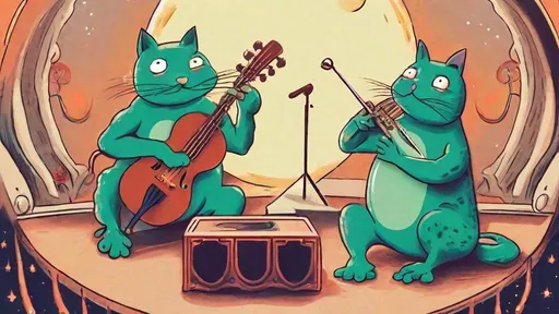 Prompt: Three cats on the moon playing instruments on a stage with frogs as audience 