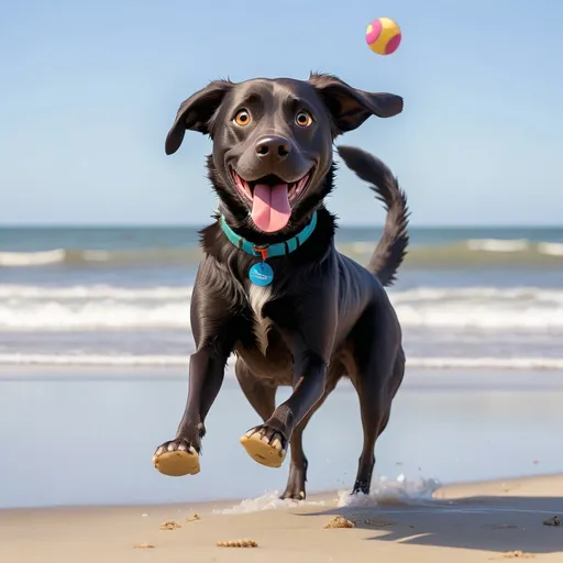 Prompt: Lab mix dog in the style of pixar at the beach catching a frisbee
