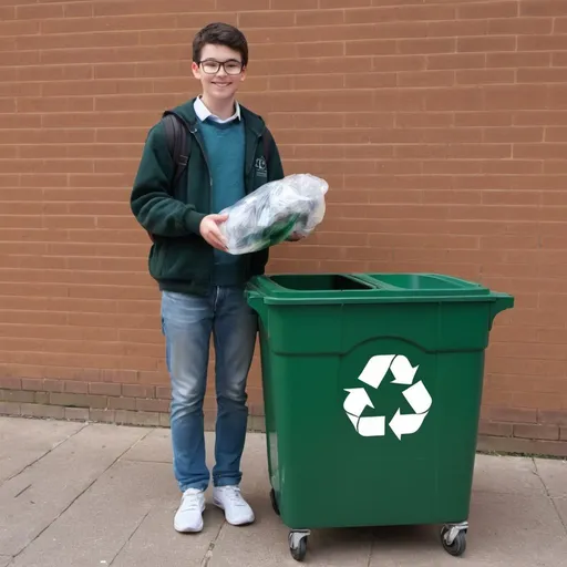 Prompt: Generate an image of a student recycling