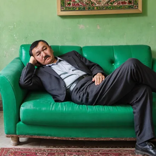 Prompt: lazy uzbek man lying on a green sofa
