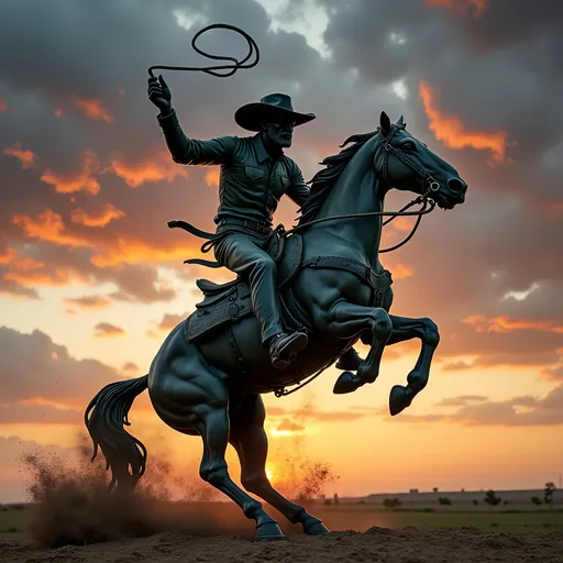 Prompt: A majestic bronze statue captures the dynamic moment of a cowboy skillfully riding a rearing horse, expertly holding the reins and a lasso. The figure, clad in traditional cowboy attire complete with a wide-brimmed hat, exudes both energy and control amidst the dramatic backdrop of swirling dark clouds tinged with fiery shades of orange and red, suggesting an impending storm or sunset. The composition focuses on the powerful tension between the horse and rider, showcasing detailed craftsmanship that brings the sculpture to life. The interplay of light and shadow enhances the rough textures of the bronze, while the turbulent sky amplifies the sense of adventure and the rugged spirit of the American West. This imagery evokes a narrative steeped in both excitement and the timeless relationship between humans and animals in a wild frontier.