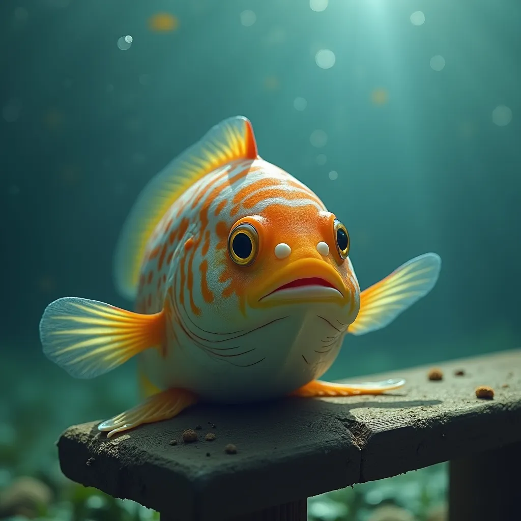 Prompt: a fish that is sitting on a bench in the water and looking up at the camera man's eye, Chippy, photorealism, lostfish, a microscopic photo