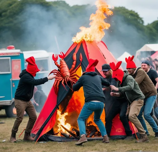 Prompt: A group of people wearing lobster hats start a riot, at Glastonbury festival. One is tearing down a tent and another is setting fire to a food truck