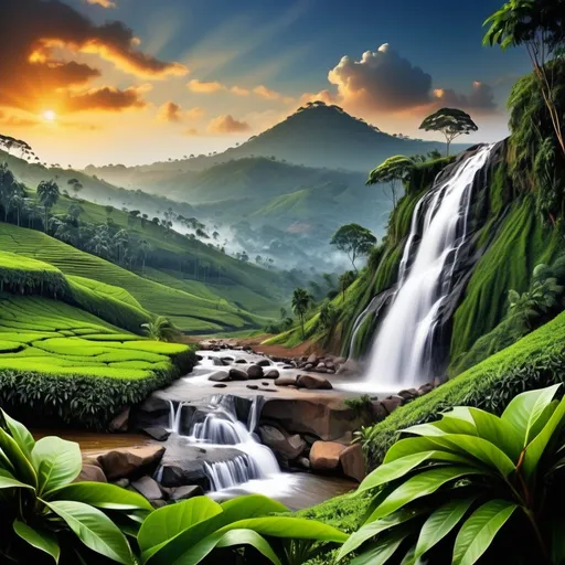 Prompt: Need a background with sri lanka upcountry moutain with tea plants and water fall to create a banner

Add a camp night site also to the image