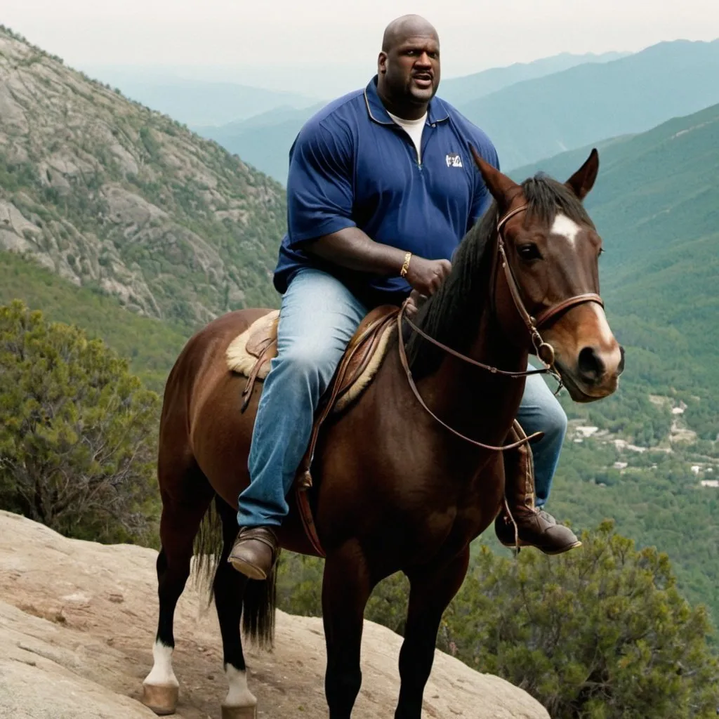 Prompt: Shaquille O’Neal riding a horse on a mountain.