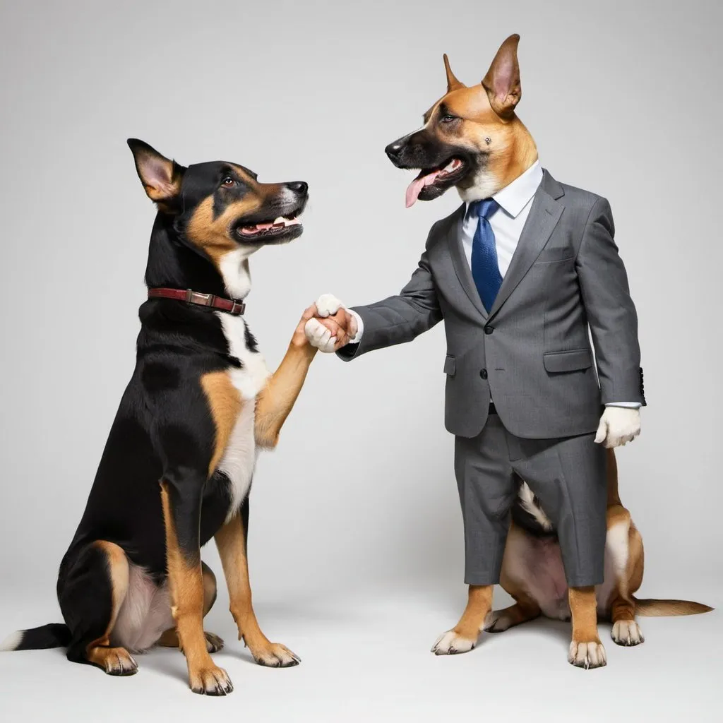 Two dogs in business suits shaking hands