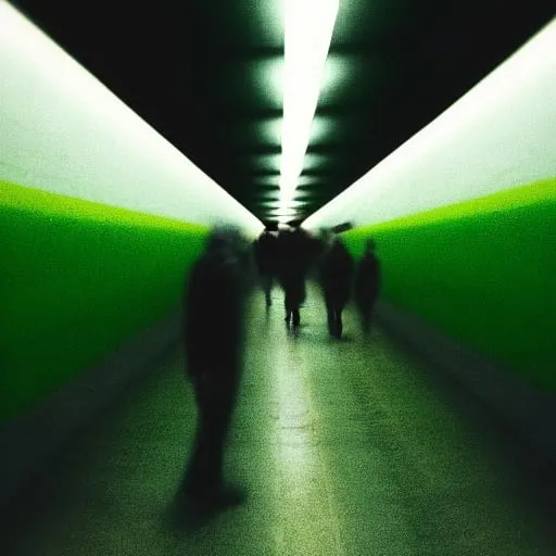 Prompt: a blurry photo of people walking in a subway tunnel with a green background and a white wall with a black border, tonalism, motion blur, an album cover