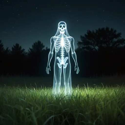 Prompt: a ghostly figure standing in a field of grass at night with a light shining on it's body, holography, haunting, a hologram.