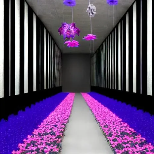 Prompt: dreamcore aesthetics, a hallway with a bunch of flowers growing, with God standing in the distance, ambient, last breath.