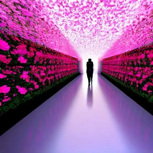 Prompt: dreamcore aesthetics, a hallway with a bunch of flowers growing on the side of it and a person standing in the distance, ambient.