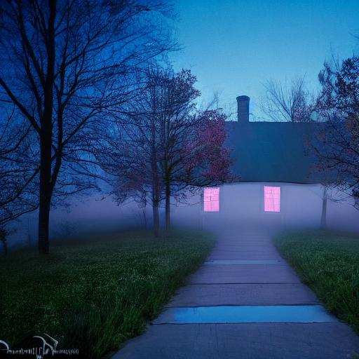 Prompt: a house with a flower hallway and beautiful sky with some fog around the house, liminal, dreamcore aesthetic, blue hour.