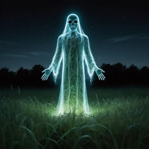 Prompt: a ghostly figure standing in a field of grass at night with a light shining on it's body, holography, haunting, a hologram.