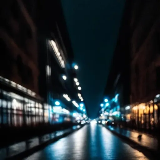 Prompt: a blurry photo of a street at night with street lights and a person walking down the street at night, tonalism, liminal, a hologram.