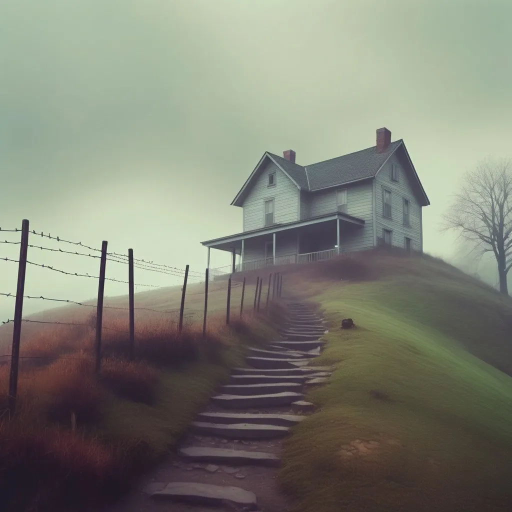 Prompt: a house on a hill with a fence in front of it, surrealism, fog, a low poly render, weirdcore, 1993 polaroid style.
