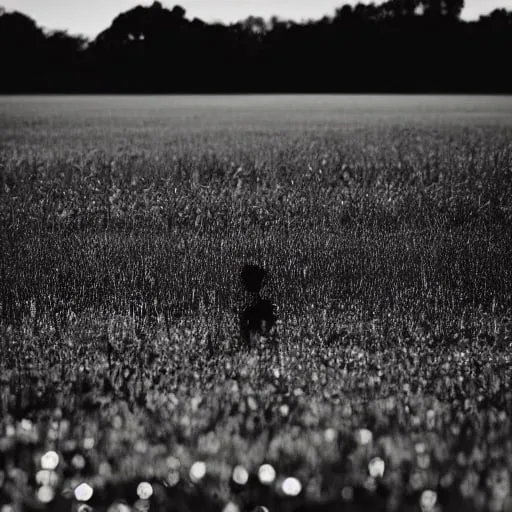 Prompt: shiny silhouette in the field with black background, liminal, blurry.