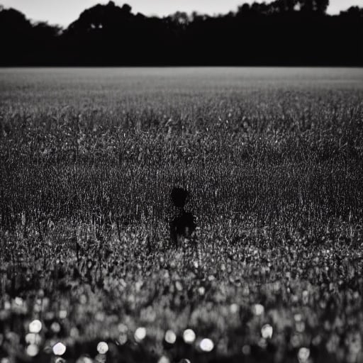 Prompt: shiny silhouette in the field with black background, liminal, blurry.