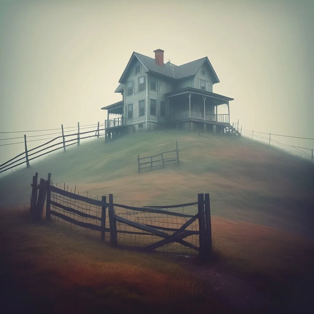 Prompt: a house on a hill with a fence in front of it, surrealism, fog, a low poly render, weirdcore, 1993 polaroid style.

