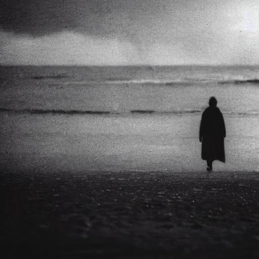 Prompt: a person walking on a beach in the dark with a dark coat on and a dark background with a white line, neo-romanticism, cinematic still, a matte painting, dreamcore aesthetic, liminal, grain texture.