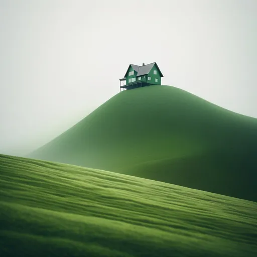 Prompt: liminal space of a very green hill with a house on it, grain texture, liminal space, ambient, fog, dreamcore, lonely.
