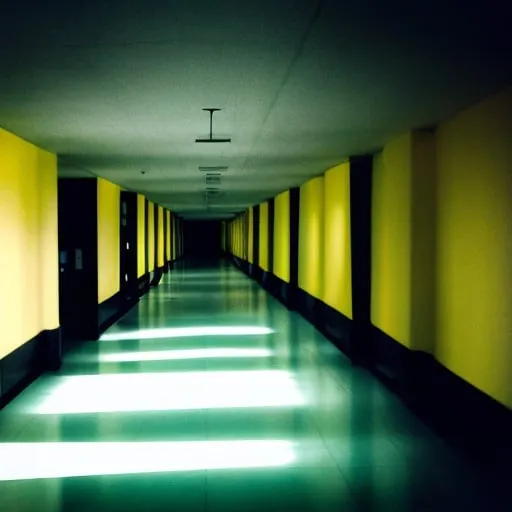 Prompt: scary hallway with yellow wall paper and fluorescent lights on the roof, a monster is at the end of the hallway, dark blurred figure in the middle
