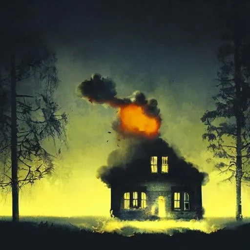 Prompt: a house on fire with smoke coming out of it's chimneys and trees in the background at night, Filip Hodas, video art, dark mood, concept art, dream core, liminal, ambient, vintage aesthetic.