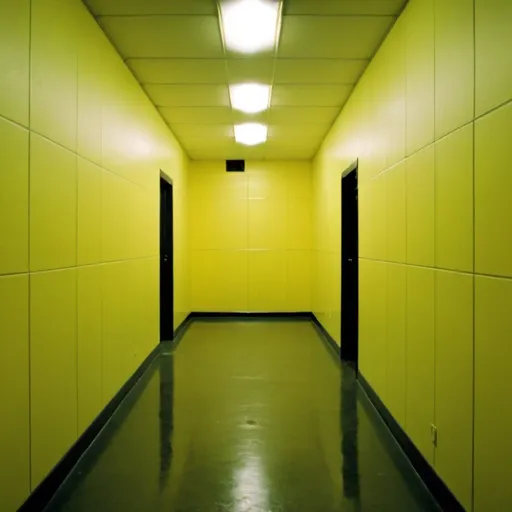 Prompt: Liminal space, the backrooms, kids playground/building hall, empty, fluorescent lighting, monochrome yellow wallpaper, early 2000s camcorder footage, nonsensical architecture