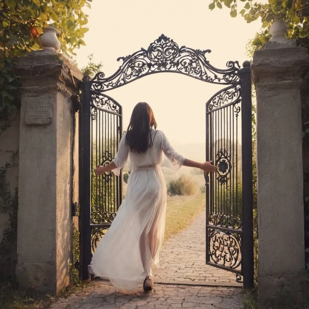 Prompt: the gate opens to reveal an unspeakable bliss, femalepentimento