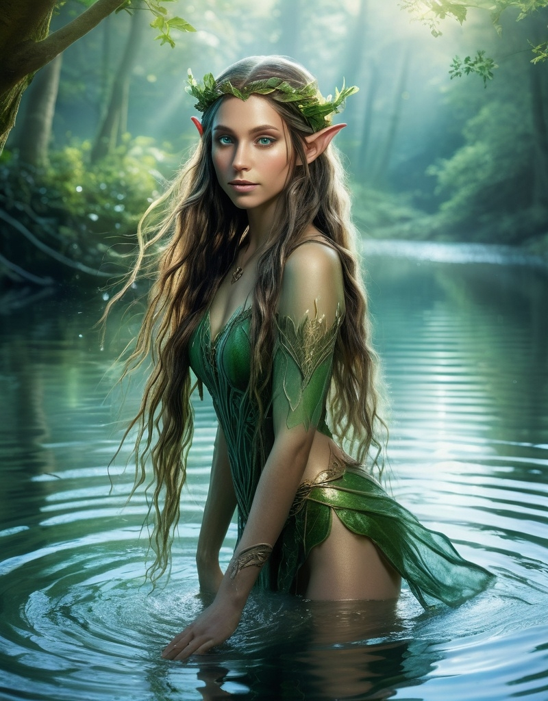 Prompt: A humanoid elf walking out of a mystical lake in a forest