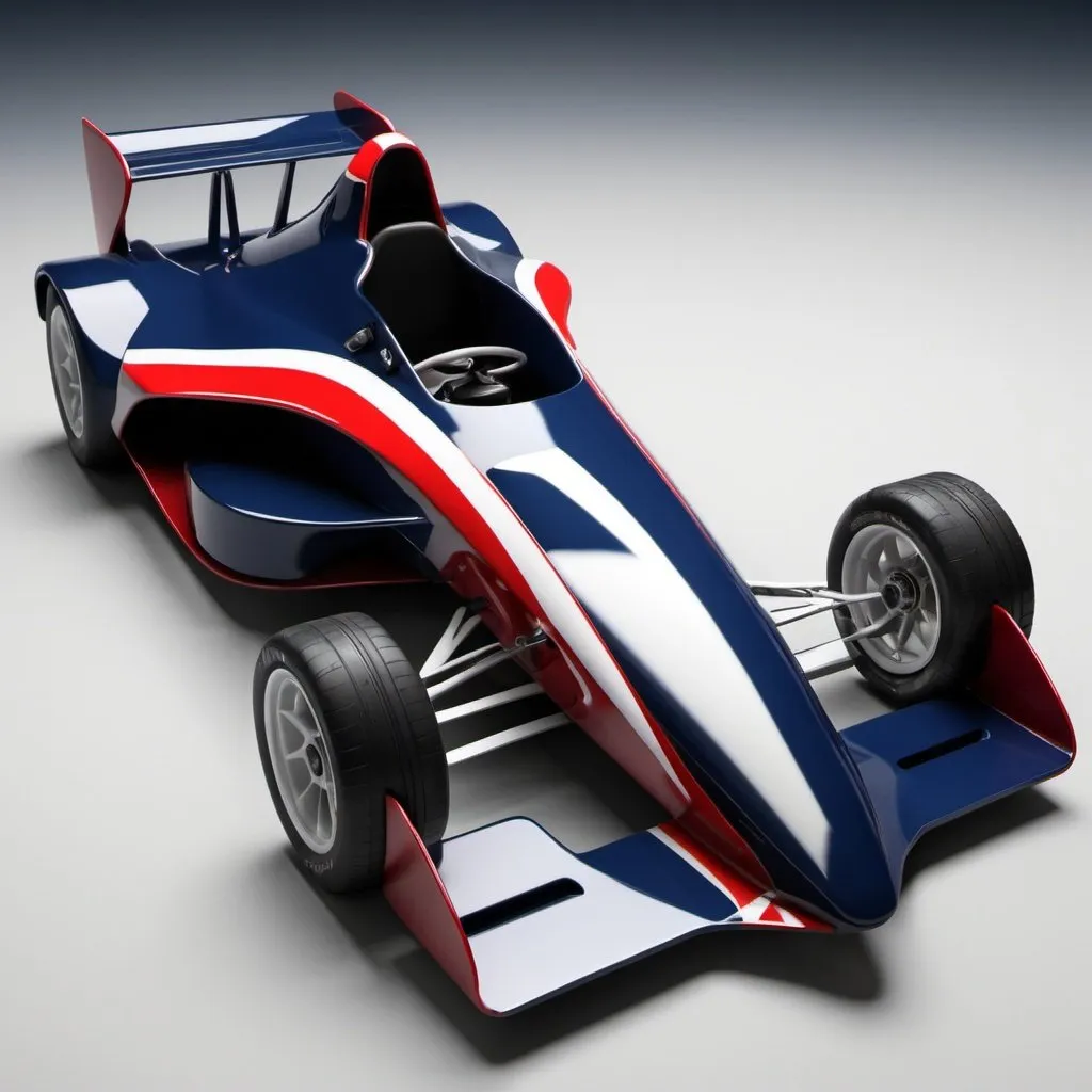 Prompt: A 3D model of a formula student car : its like a formula one car but smaller in length. The colors are dark blue, dark red and white.