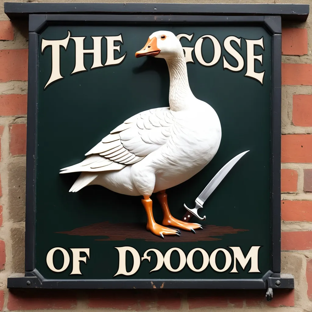 Prompt: A sign for an English pub named "The Goose of Doom" featuring a goose with a knife held in its beak