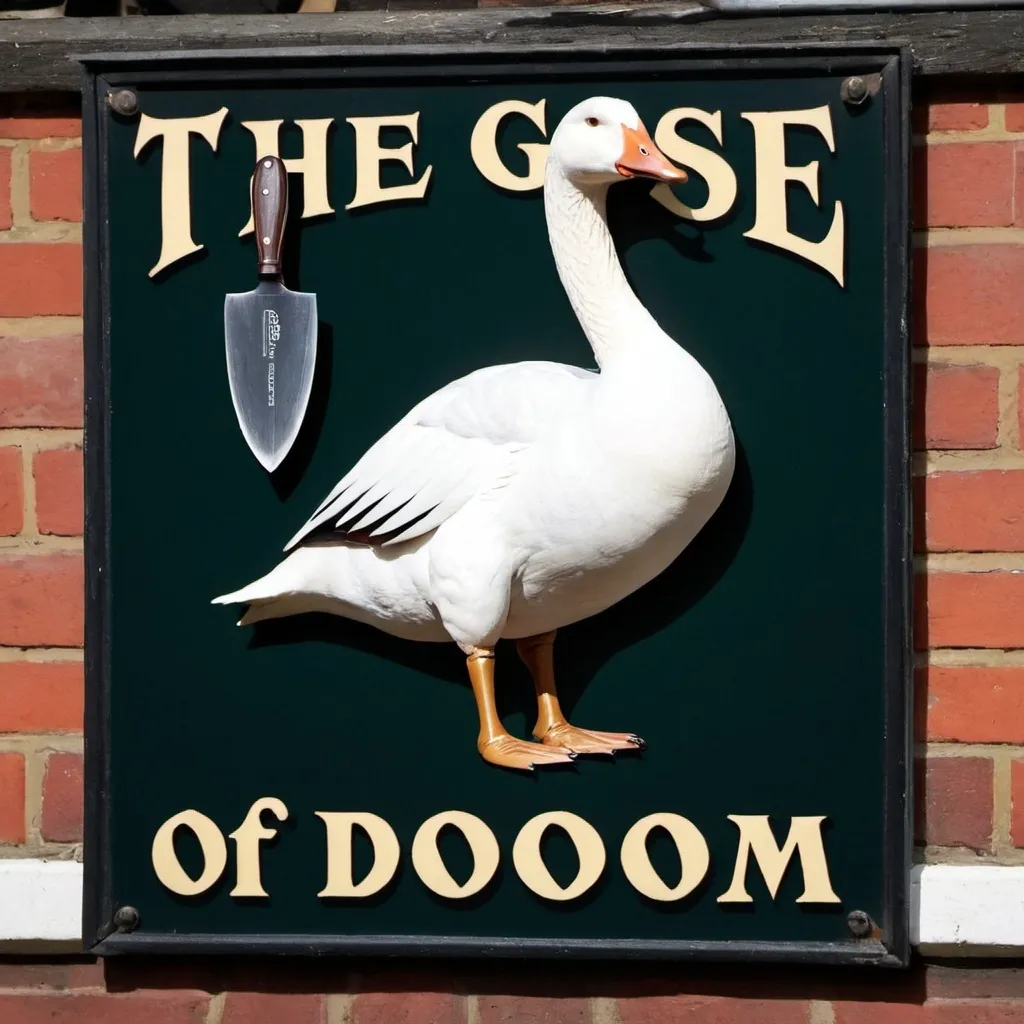 Prompt: A sign for an English pub named "The Goose of Doom" featuring a goose with a knife held in its beak