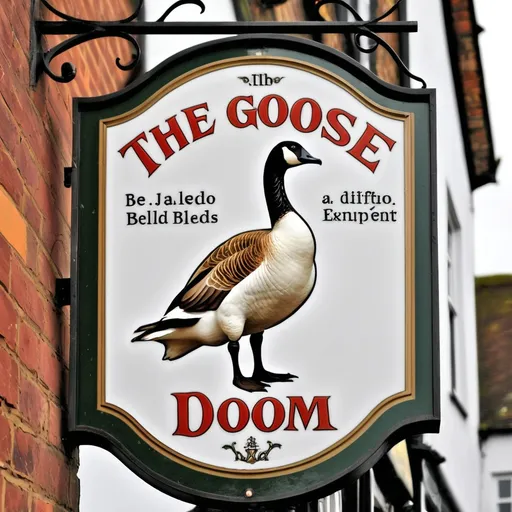 Prompt: An English pub sign with the words "The Goose of Doom" featuring a goose with a dagger held in its beak