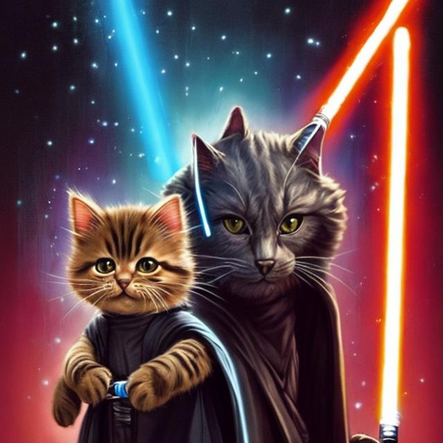 Prompt: Cat with it's cool mother with lightsaber