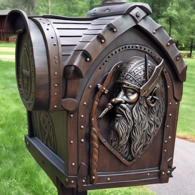 Prompt: Viking themed mailbox, like a longhouse 