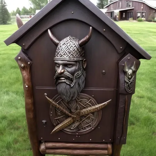 Prompt: Viking themed mailbox, like a longhouse 