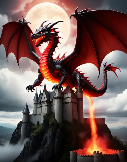 Prompt: a dragon flying over a castle on a cloudy day with bright red lights coming from its wings and a bright red flame coming out of its mouth, Don Bluth, fantasy art, ufotable, poster art