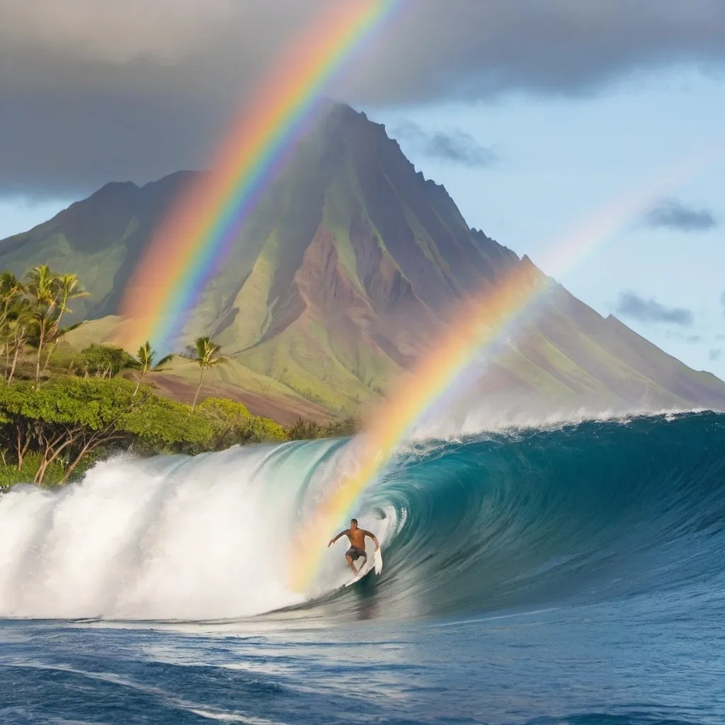 Prompt: Man surfing down a large wave in hawaii with rainbow and mountain in background 
