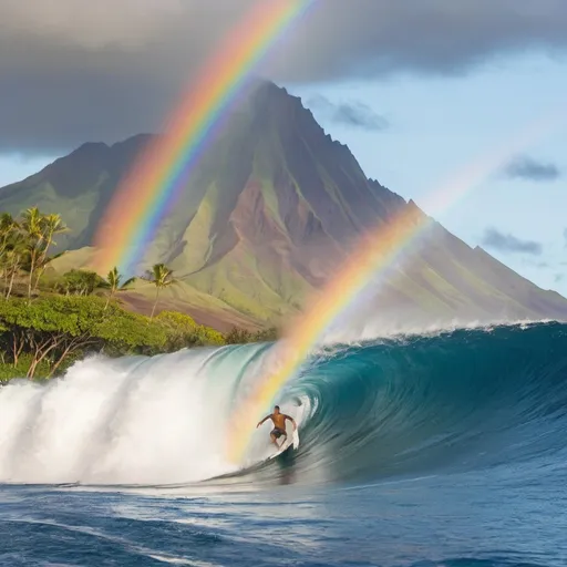 Prompt: Man surfing down a large wave in hawaii with rainbow and mountain in background 