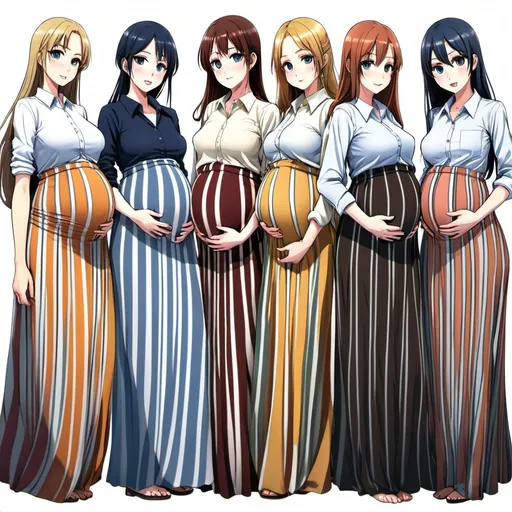 Prompt: Multiple pregnant anime girls are wearing floor-length maxi long vertical striped skirts that are extremely long.

The colors and the stripes of the skirts are different from each other.

The anime girls are wearing buttoned blouses.