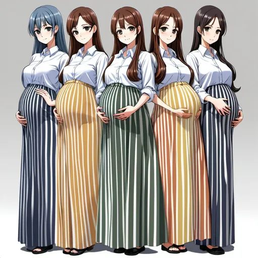 Prompt: Multiple pregnant anime girls are wearing floor-length maxi long vertical striped skirts that are extremely long.

The colors and the stripes of the skirts are different from each other.

The anime girls are wearing buttoned blouses.