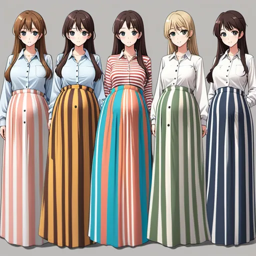 Prompt: Multiple pregnant anime girls are wearing floor-length maxi long vertical striped skirts that are extremely long.

The anime girls are wearing buttoned blouses.

The colors and the stripes of the skirts are different from each other.