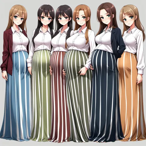 Prompt: Multiple pregnant anime girls are wearing floor-length maxi long vertical striped skirts that are extremely long.

The colors and the stripes of the skirts are different from each other.

The anime girls are wearing buttoned blouses.