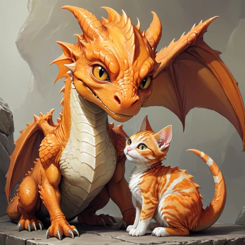 Prompt: Dragon looks lovingly at small orange cat
