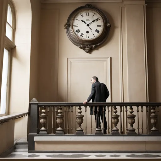 Prompt: a man standing on a stair case in a building with a railing and a clock on the wall behind him, Arthur Sarkissian, neoclassicism, profile picture, a stock photo