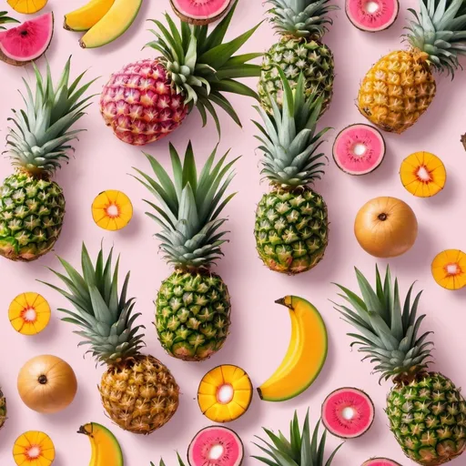 Prompt: Design a wallpaper featuring a vibrant explosion of tropical fruits arranged in a perfect spiral against a pastel pink background. The fruits should be cartoonish and include pineapples, coconuts, and mangoes. Ensure there's a large, white space at the bottom for the product name."