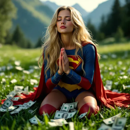Prompt: Kneeling on a verdant expanse carpeted with scattered dollar bills, a female superhero with flowing blonde hair experiences a poignant moment of contemplation, her hands pressed together in a prayerful gesture. Wearing a vibrant blue and red costume adorned with a distinctive emblem, her expression conveys a deep sadness highlighted by a single tear rolling down her cheek, contrasting with the abundance surrounding her. The serene outdoor scene is illuminated by soft lighting, suggesting either early morning or late afternoon, with gentle mountains and trees framing the backdrop. This striking visual juxtaposes the wealth of money around her with the evident emotional turmoil she faces, evoking themes of struggle and introspection amid material abundance.
