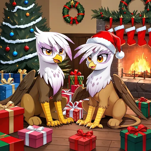 Prompt: Feral, gilda, mlp, gryphon, chrismas, Christmas tree, presents, 