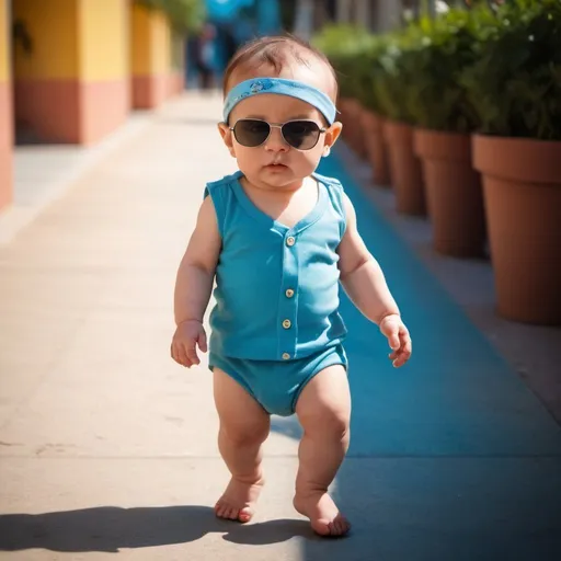 Prompt: a walking baby with sunglasses, fancy background