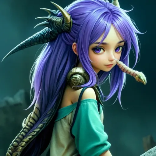 Prompt: Dragon girl Purple hair long hair 