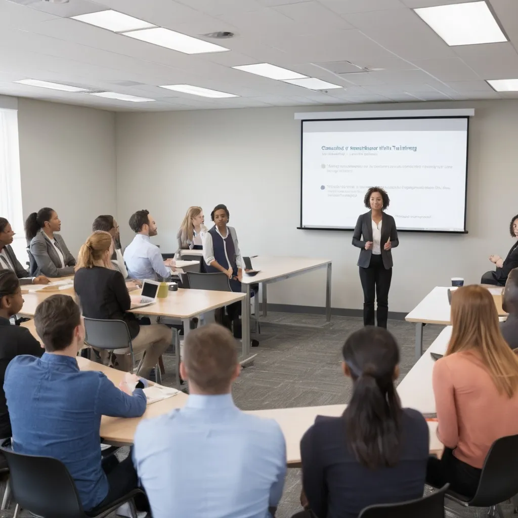 Prompt: workplace training setting with a diverse group of 20 employees, the trainer is at the front of the room presenting